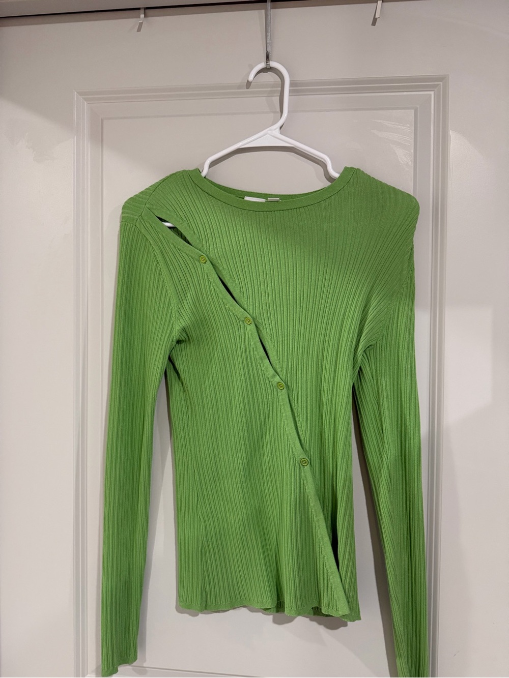Asymmetrical Button-Trim Ribbed Long-Sleeve Top — Green